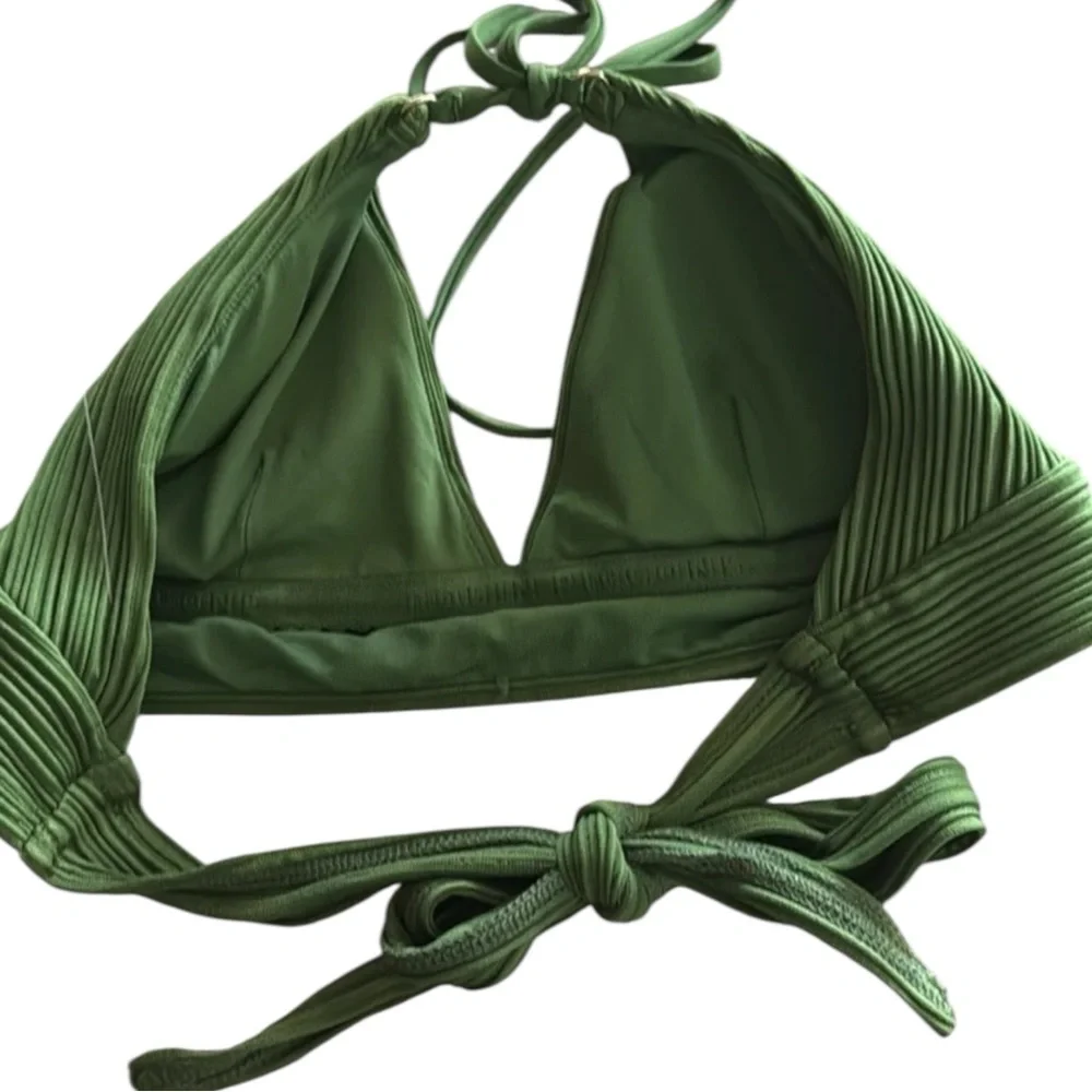 Robin Piccone Lily Ribbed Halter Triangle Bikini Top Basil Green L NWOT